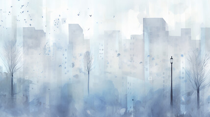 city, abstract watercolor in light gray and blue tones on a white background, autumn mood - 723682395