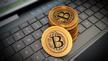 Generic crypto currency coins standing on laptop computer keyboard. 3D illustration