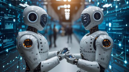 Fototapeta premium Interaction entre deux robots humanoïdes dans un environnement virtuel