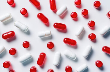 Top view scattered white and red capsules on white background. Background of pills. Prescription drugs, antibiotics, vitamins, medicines. Health care concept