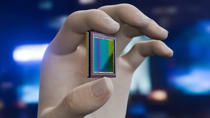 Digital Photography: A Look at a 35mm Camera Sensor. Close-Up of a Hand Holding It. 3D rendering.