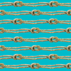 Seamless pattern of rope cords with knots. Hand drawn illustration. Nautical thread whipcord with loop and noose. Hand painted watercolor on blue green background. For Print, wrapping, crafting.