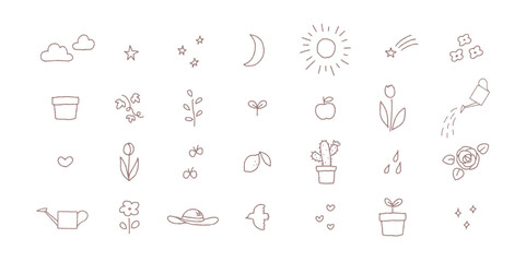 シンプルでかわいい装飾イラストセット　落書き　植物　庭　ガーデニング