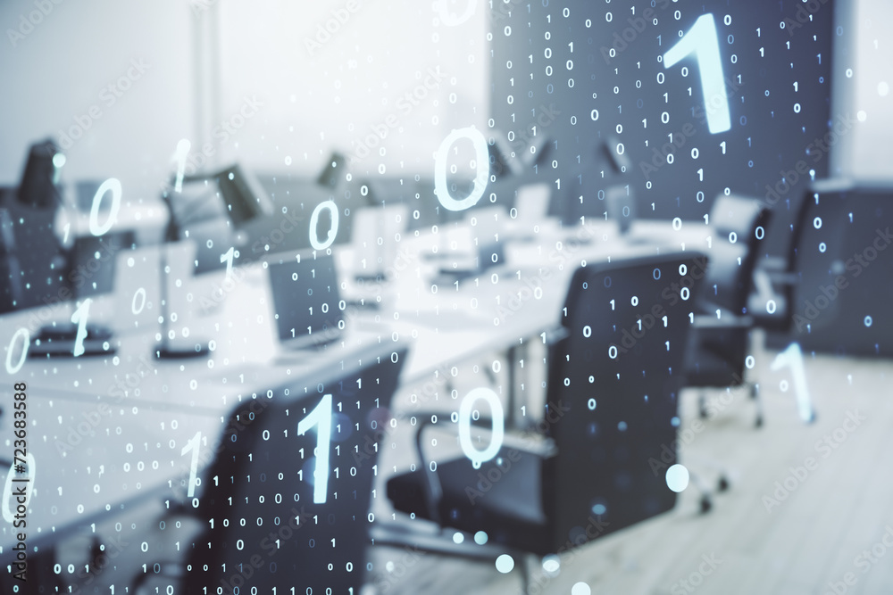 Aufkleber Double exposure of abstract virtual binary code hologram on modern corporate office background. Database and programming concept