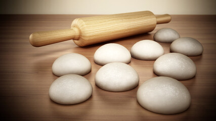Rolling pin and fresh raw doughs standing on the kitchen counter. 3D illustration