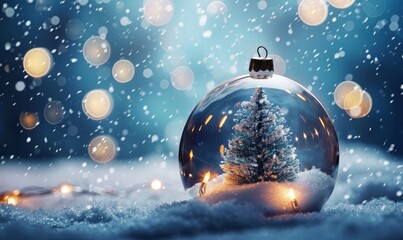 Fototapeta na wymiar winter snow globe for christmas with a christmas tree inside, snowing, snowflakes, blue background, winter holidays, Generative AI 