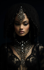 model in black dress, exquisite details, indian scenes, black,