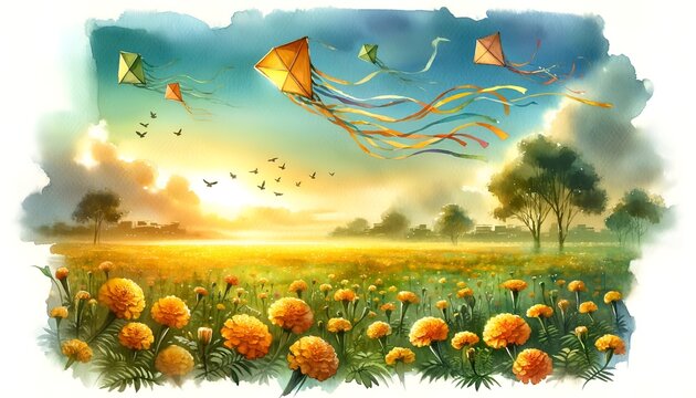 Illustration of flying kites over marigold fields for vasant panchami in watercolor style.
