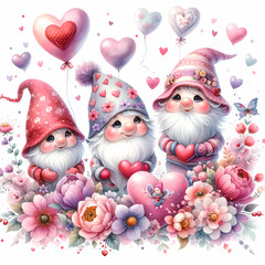 Fototapeta premium Cute valentine gnomes, red flowers, hearts, valentines day digital watercolor illustration