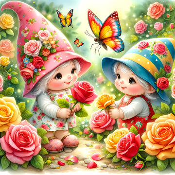 Cute summer gnomes, pink rose flowers, butterflies, summer children's digital illustration
