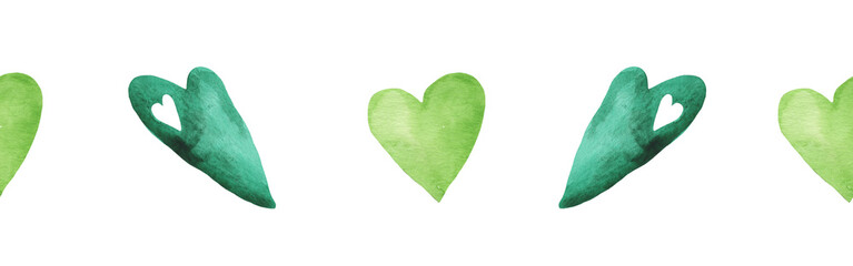 Watercolor central border template of colorful hearts of gree shades on white background. Beautiful decorative elements in shape of hearts in row isolated on white backround.