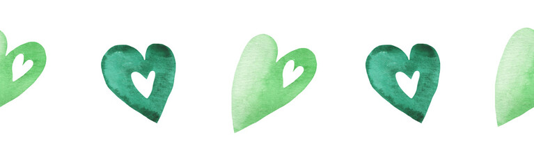 Watercolor central border template of colorful hearts of gree shades on white background. Beautiful decorative elements in shape of hearts in row isolated on white backround.
