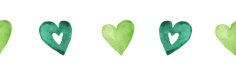 Watercolor central border template of colorful hearts of gree shades on white background. Beautiful decorative elements in shape of hearts in row isolated on white backround.