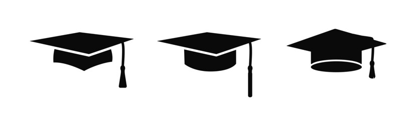 Graduate caps with tassels set. Black cap with square brim to celebrate successful graduation from school and college with academic success vector uniform