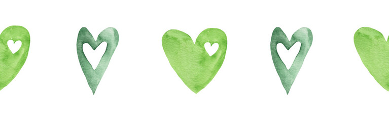 Watercolor central border template of colorful hearts of gree shades on white background. Beautiful decorative elements in shape of hearts in row isolated on white backround.