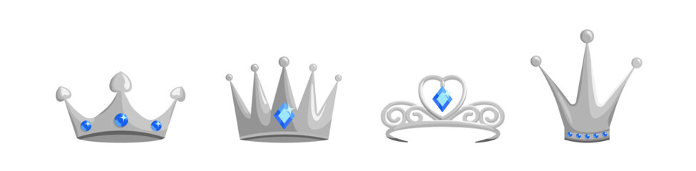 Silver crowns and tiaras set. Blue emerald jewelry for queens and princes with hearts monarchical design and vintage gemstones with royal vector style © Богдан Скрипник