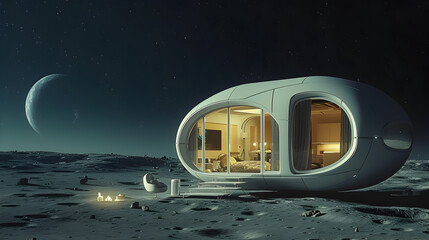 a modern house seamlessly integrated into the moon's surface, combining futuristic architecture with extraterrestrial living