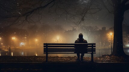 A man sits alone in a public chair in the dark with flickering lights.