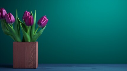Obraz premium a wooden block with tulips and gift. happy women's day