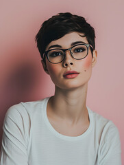 Fototapeta premium Beautiful woman with short hair and glasses, Generative AI 