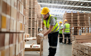 Confident production worker busy working at lumber warehouse of wooden furniture factory. Skilled...