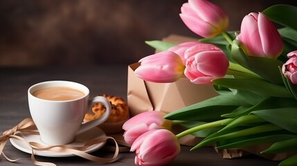 Fototapeta na wymiar Happy mother's day, beautiful breakfast, lunch with cup of coffee (cappuccino) fresh croissants, bouquet of tulips as gift. Festive concept. Spring holiday, family relations. 