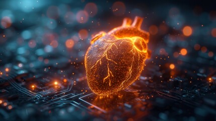 Cœur humain numérique lumineux sur une carte électronique lumineuse - obrazy, fototapety, plakaty