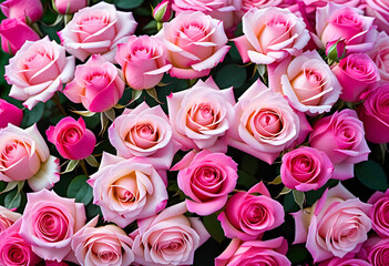 A lot of beautiful pink rose flowers all over the place, for a beautiful bright wall background