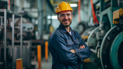 Portrait of Industry maintenance engineer man wearing uniform and safety hard hat on factory station