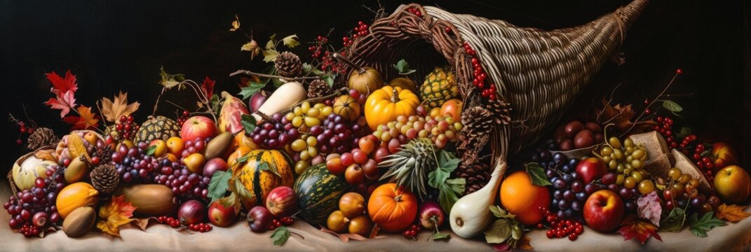 A picturesque cornucopia overflowing with an abundance of seasonal fruits and vegetables