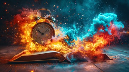 A Clock in the Fire: A Monthly Event in the World of Time Generative AI - obrazy, fototapety, plakaty