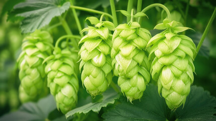 Fototapeta premium five green cones of fresh hops grow on a bush outdoors. close-up