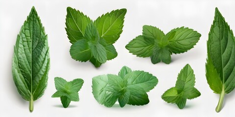 fresh leaves Collection of fresh mint leaves on a clean white surface. Suitable for culinary, herbal, or natural health-related projects
