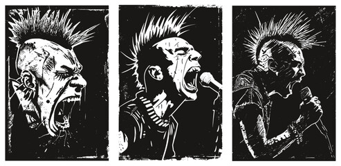Punk's Not Dead. Screaming punk with mohawk hair isolated on black background. grunge linocut style illustration