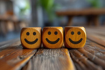 Three Smiley Face Wooden Cubes on Table, Positive Customer Experience Concept, Space for Business and Service Text