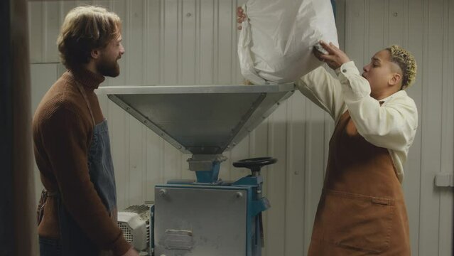 Waist up of two ethnically diverse employees in apron working with barley at brewery. Biracial woman pouring malt seeds into stainless-steel brew tank