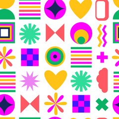Childish retro geometric seamless pattern. Modern abstract vivid elements. 90s, Y2k aesthetic. Brutalist banner, background, wrapping paper.