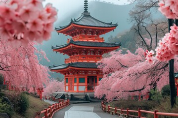 Pink Cherry Blossoms and Red Pagoda: A Springtime Celebration Generative AI