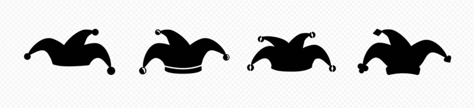 Clown jester hats silhouette. Carnival harlequin headdress with black tails and bells for fun mood and humorous vector design