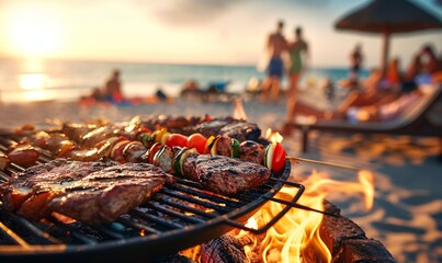 Barbecue party with people in the background, beach party, sea, grilled steak, grilled meat and skewers, fire, summer party, barbecue at the beach,  people having fun, family, friends, Generative AI - Powered by Adobe