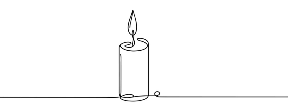 Continuous one line drawing candle burning flame. Black contour line simple minimalist graphic isolated vector illustration. Grief loss concept