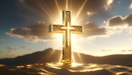 Golden Cross Illuminated by Divine Light Against a Radiant Sky - obrazy, fototapety, plakaty