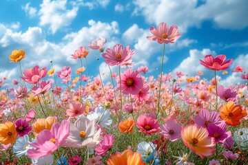 Blooming Blossoms in a Cloudy Sky: A Colorful and Vibrant Display of Flowers Generative AI