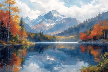 Autumn's Reflection: A Mountainous Lake Scene Generative AI