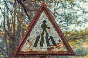 old road sign in Chernobyl closeup