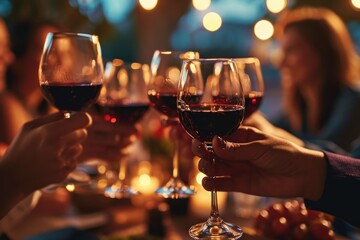 Hand holding glass of red wine , people cheering, cheers, spending a moment together with friends, party, happy moment, wine tasting, cheering, family, Generative AI 