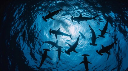 Large school of scalloped hammerhead sharks swimming.