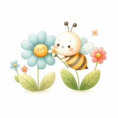 Bee and flower bouquet. watercolor illustration, Perfect for nursery art. Isolated illustration on white background.
