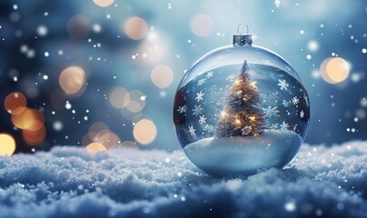 Fototapeta na wymiar winter snow globe for christmas with a christmas tree inside, snowing, snowflakes, blue background, winter holidays, Generative AI 