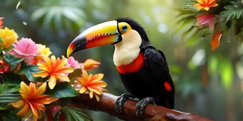 toucan in the jungle Toucan bird on branch with beautiful pink flower.Generative Ai. The toco toucan (Ramphastos toco), also known as the common toucan or giant toucan, is the largest and probably
